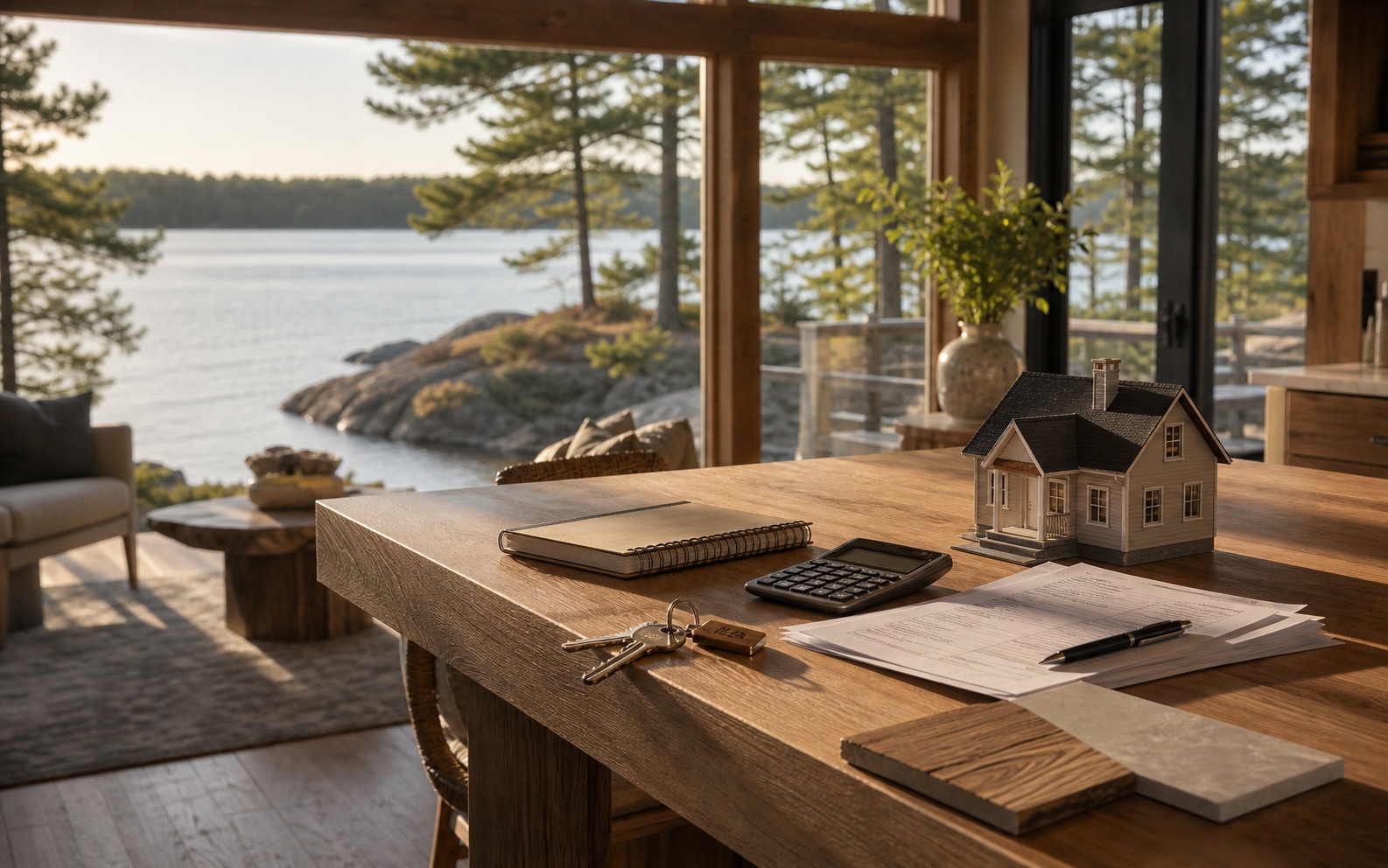 Lake-view cottage table with HELOC planning documents, calculator, keys, and renovation samples