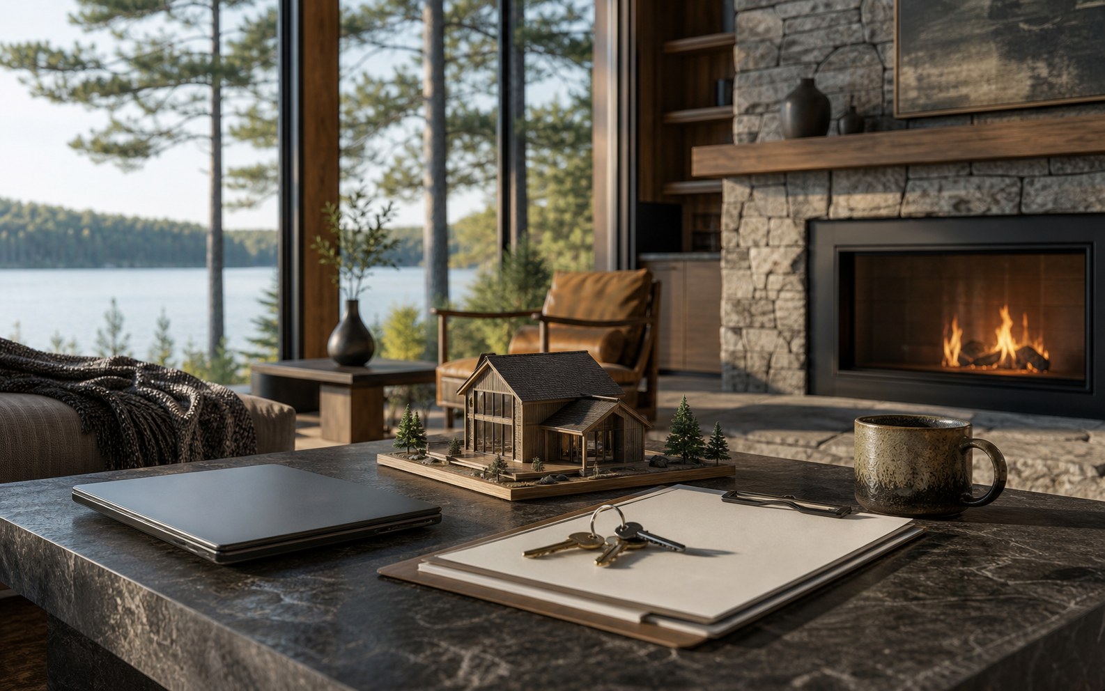 Cottage living room table with keys and a house model overlooking the lake