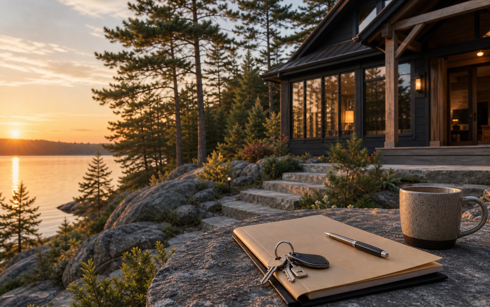 Mortgage planning documents beside a Muskoka lake view