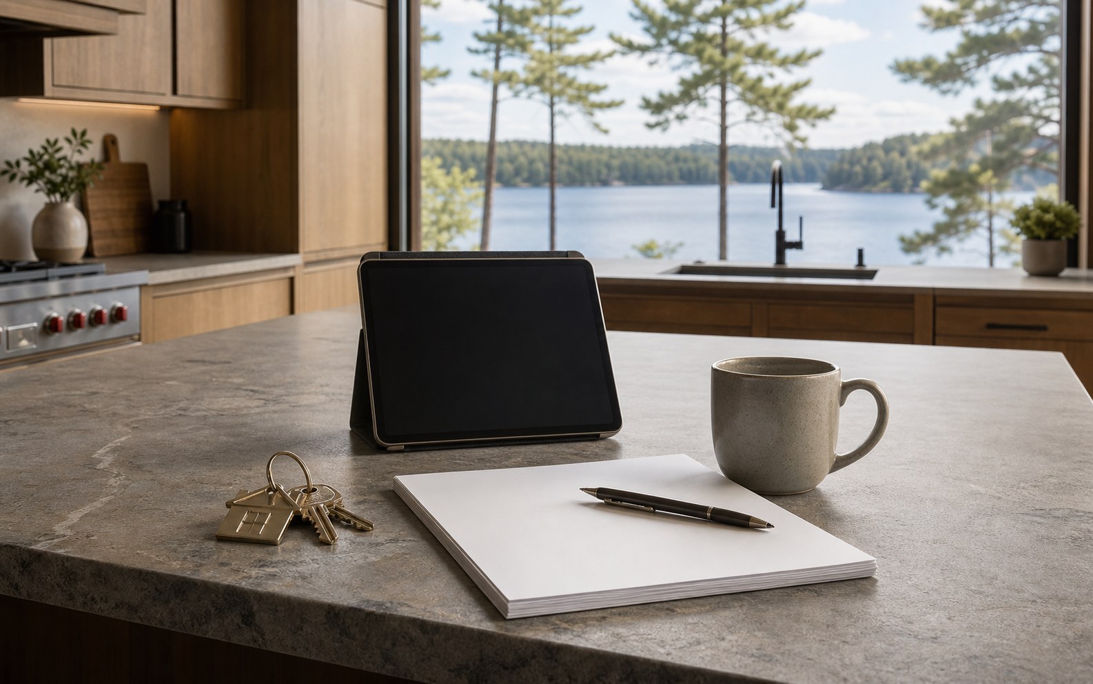 Cottage kitchen counter with laptop, keys, and mortgage documents