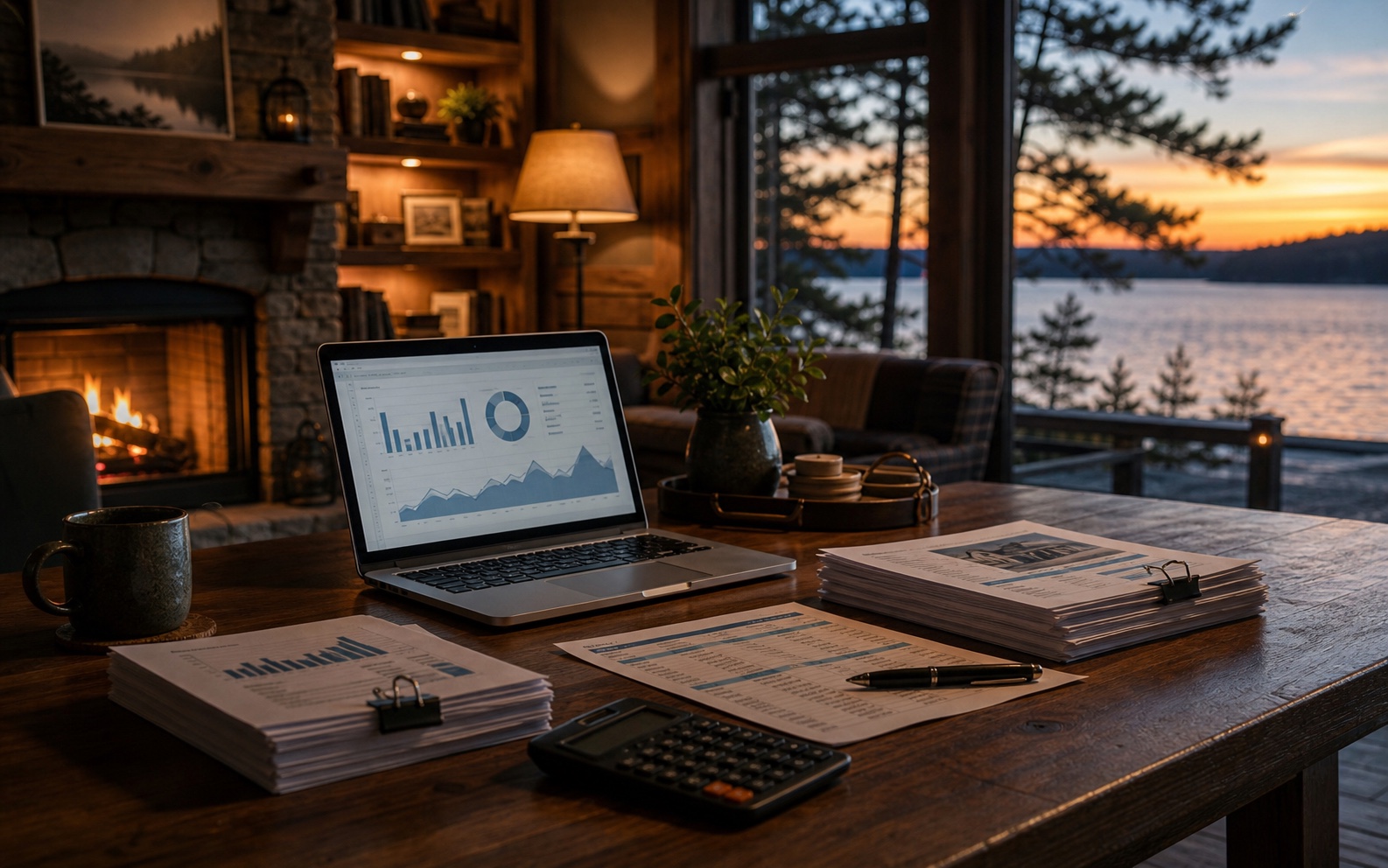 Muskoka cottage desk with refinance planning documents, calculator, and lake-view window